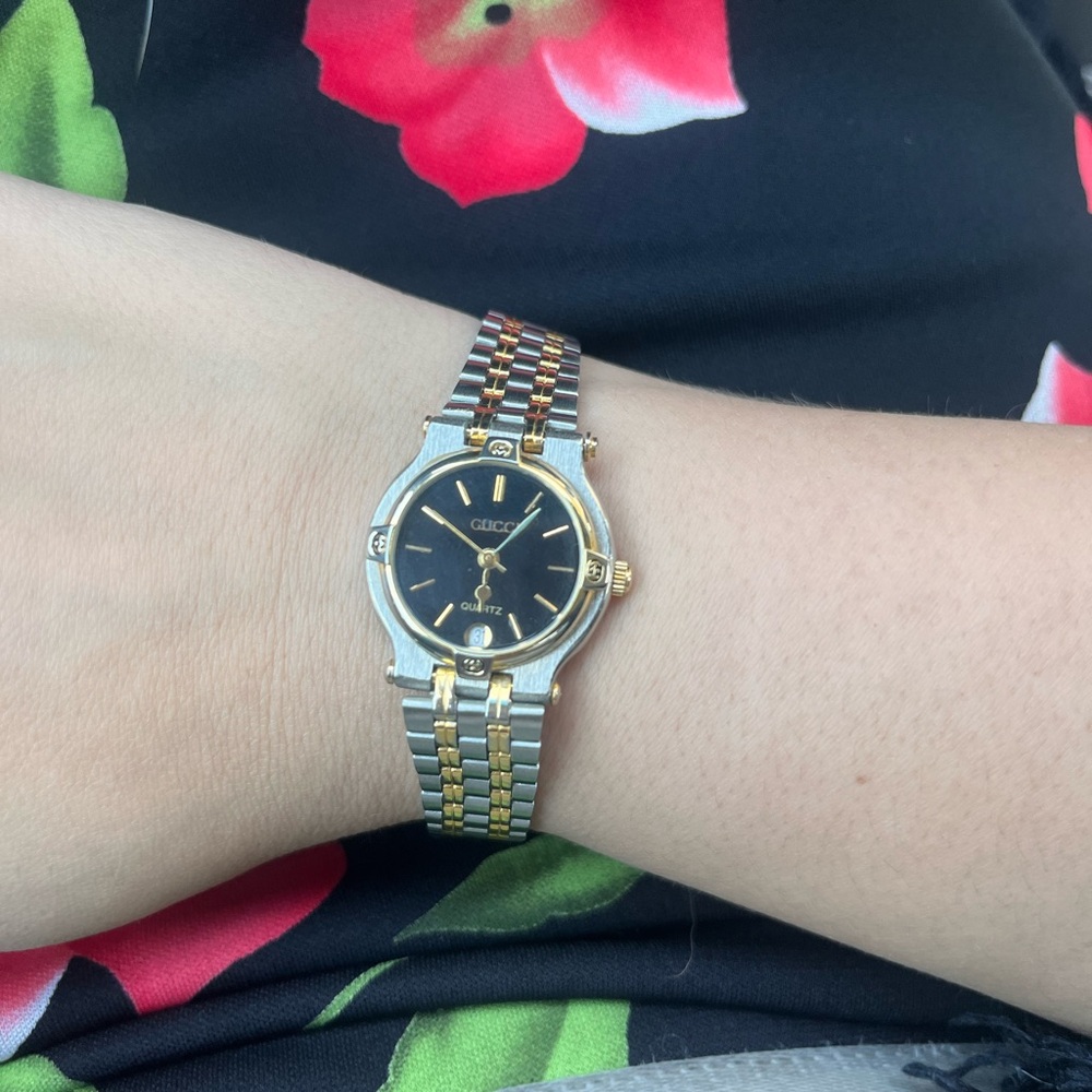 Gucci Gold and Silver Watch with Black Face